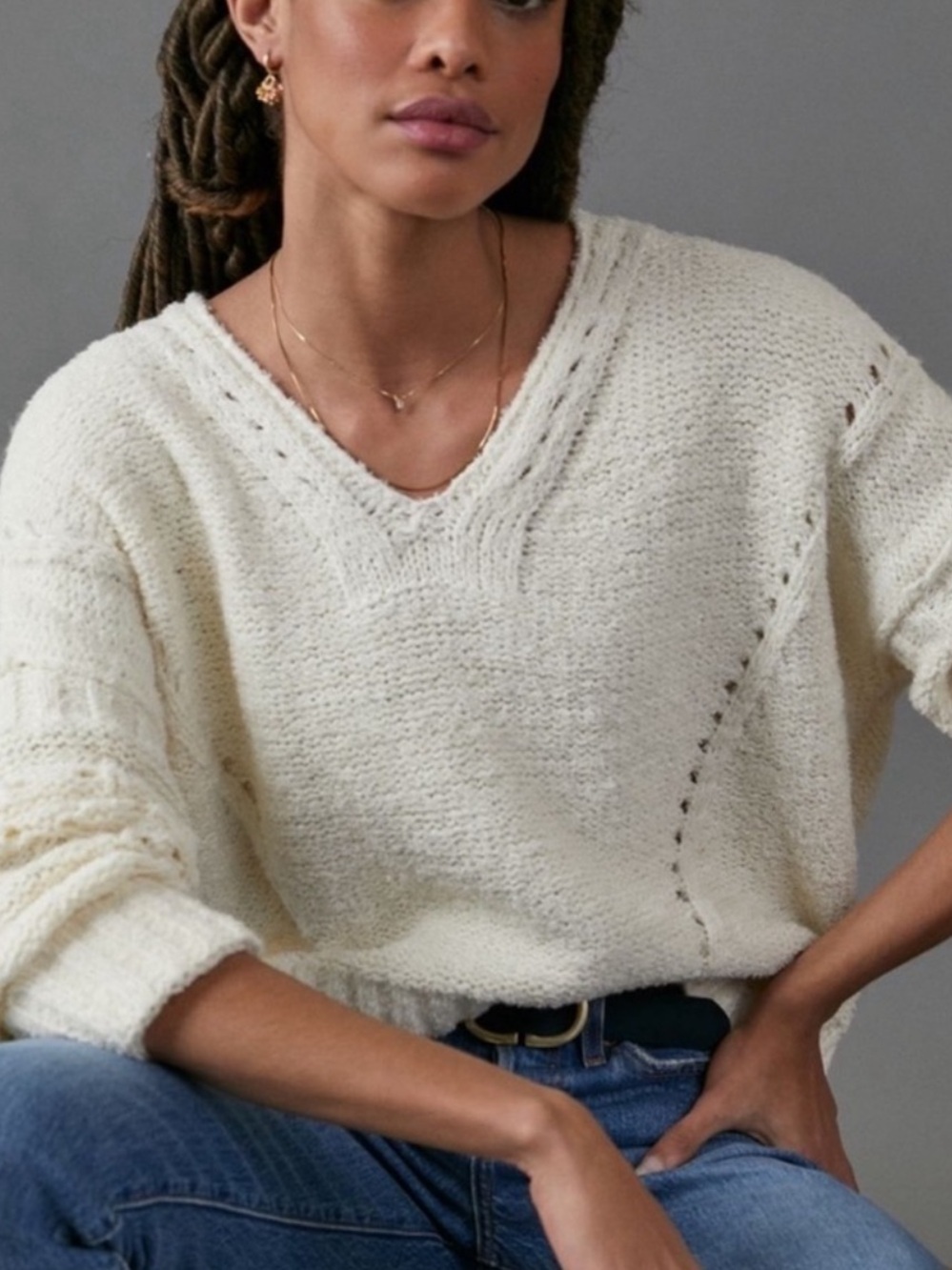 Anthropologie Pilcro Marla V-neck Chunky Knit Sweater Ivory Women’s Xs boho luxe